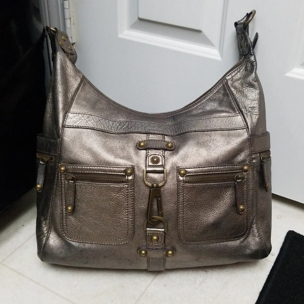 Authentic RAFE Large Leather Bag Color Btwn Metallic Bronze/Gunmetal Silver Gray